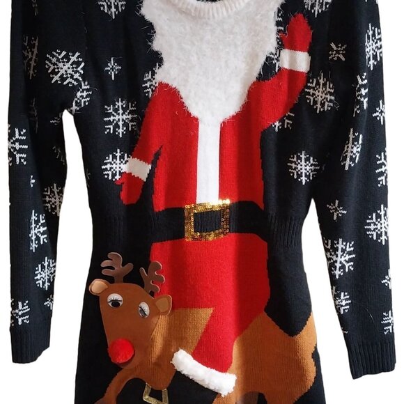 Funny Ugly Christmas Sweater Dress With Santa & Reindeer Design Born Famous XL - Picture 1 of 4